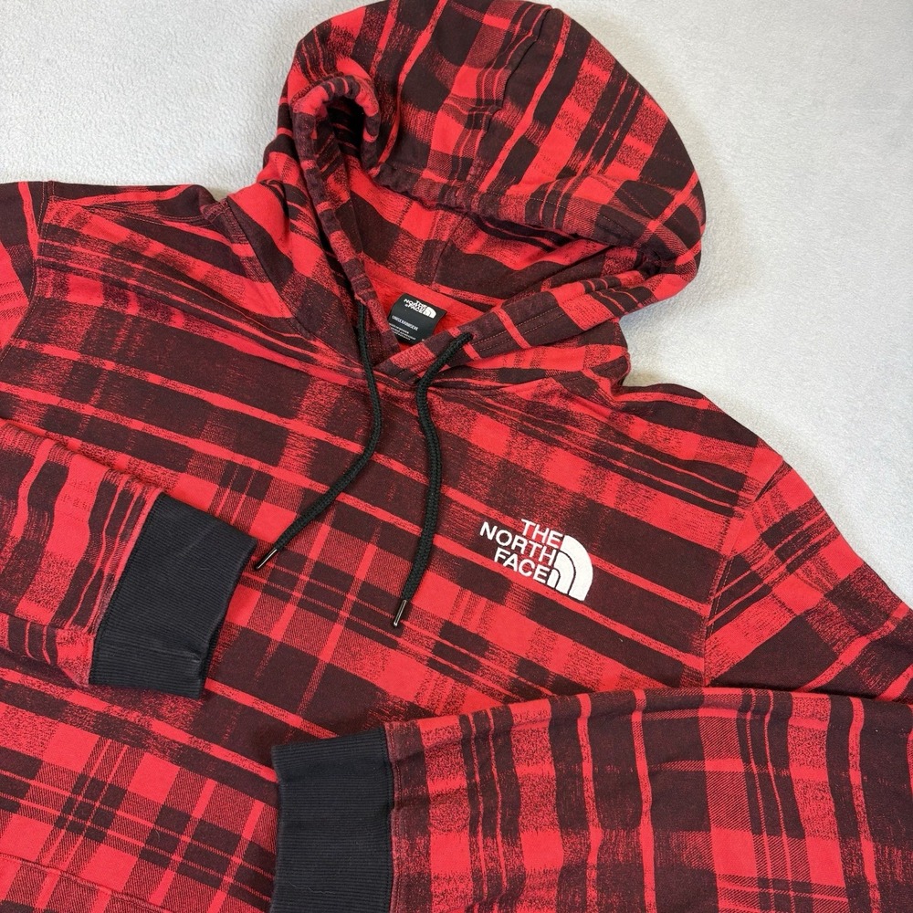 The North Face Hoodie Mens XXL Red Black Plaid Pullover Fleece Lined Logo